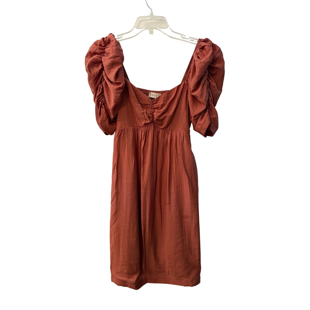 Altard State Women Small Rust Terracotta Puff‎ Sleeve Smocked Mini Dress Boho